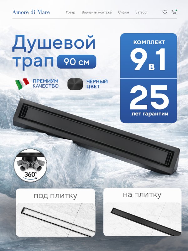 Душевой трап Amore di Mare Verso Black SD-90B 	900мм*70мм  черный